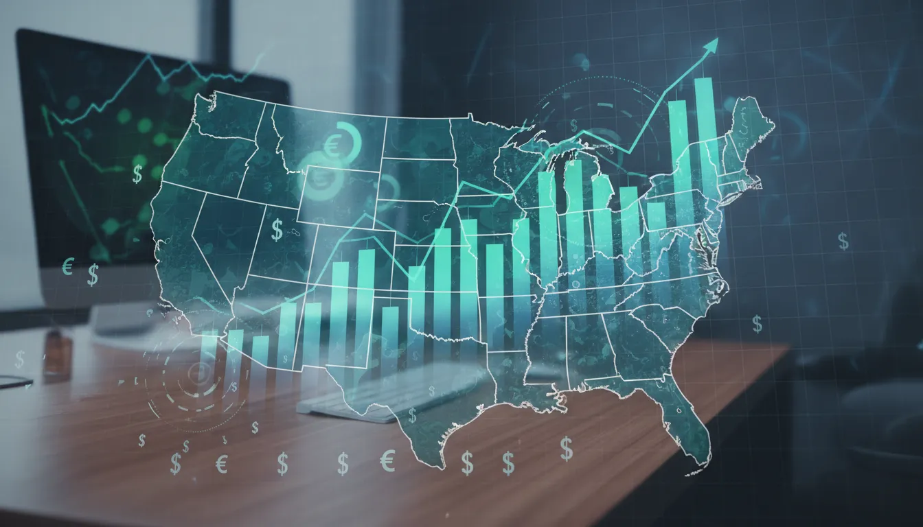 Gráficos financeiros detalhados sobrepostos em um mapa dos Estados Unidos, simbolizando o planejamento estratégico para Como Abrir Empresa nos Estados Unidos e investimentos.
