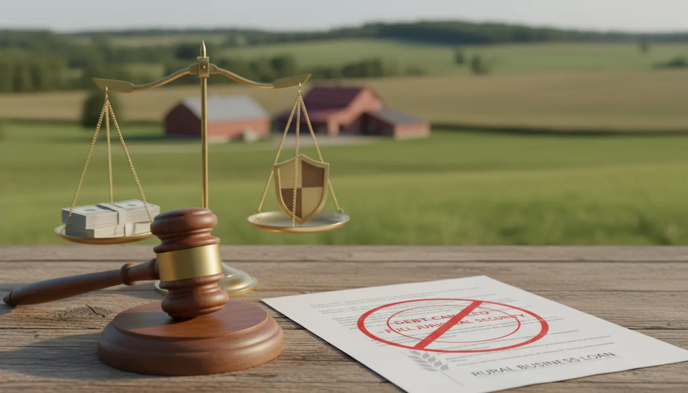 Propriedade rural ao fundo, martelo e balança à frente e selo de anulação sobre documento de crédito, representando segurança jurídica