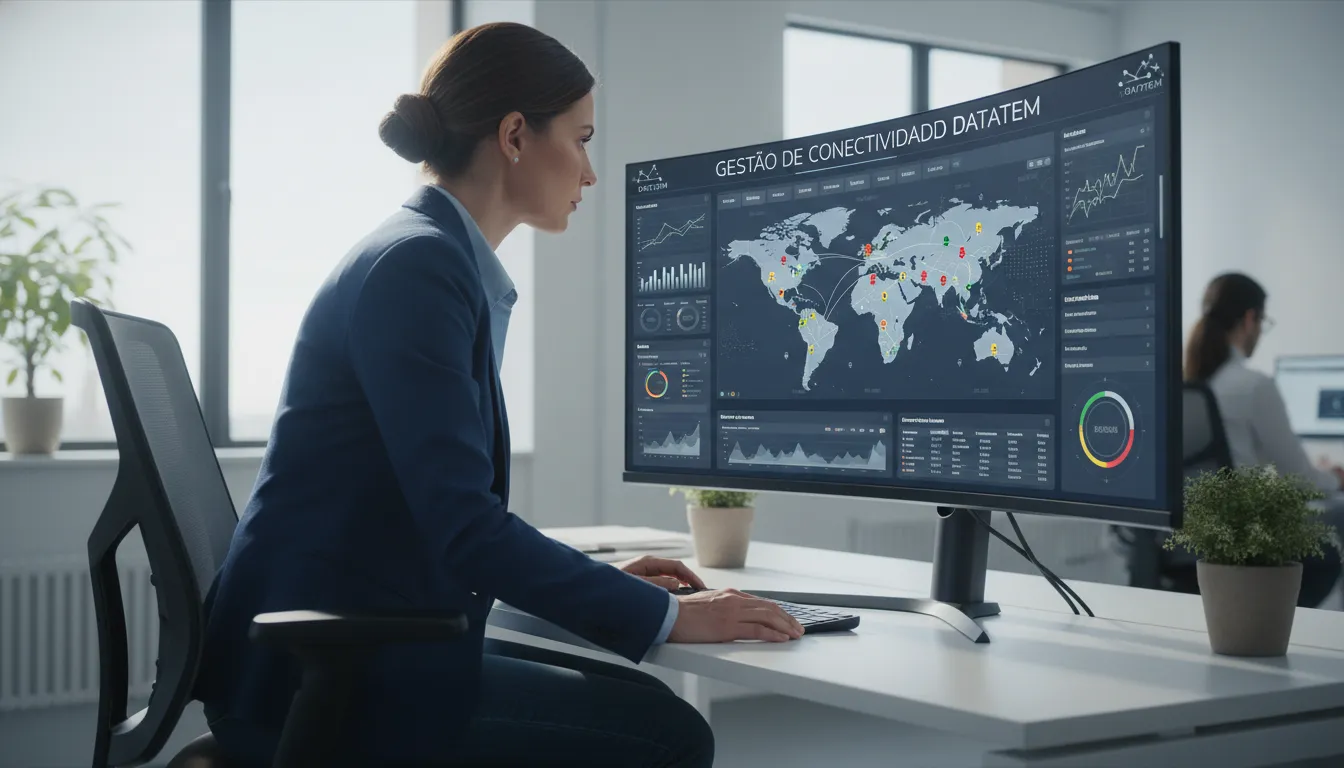 Gerente monitorando a plataforma Datatem com milhares de chips M2M/IoT, controlando a conectividade em tempo real para a logística 4.0.