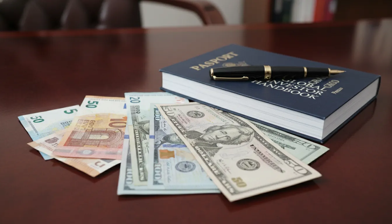 Passaporte americano e moedas internacionais em uma mesa, simbolizando a diversificação de investimentos no exterior e o apoio da Prezzo Consulting.