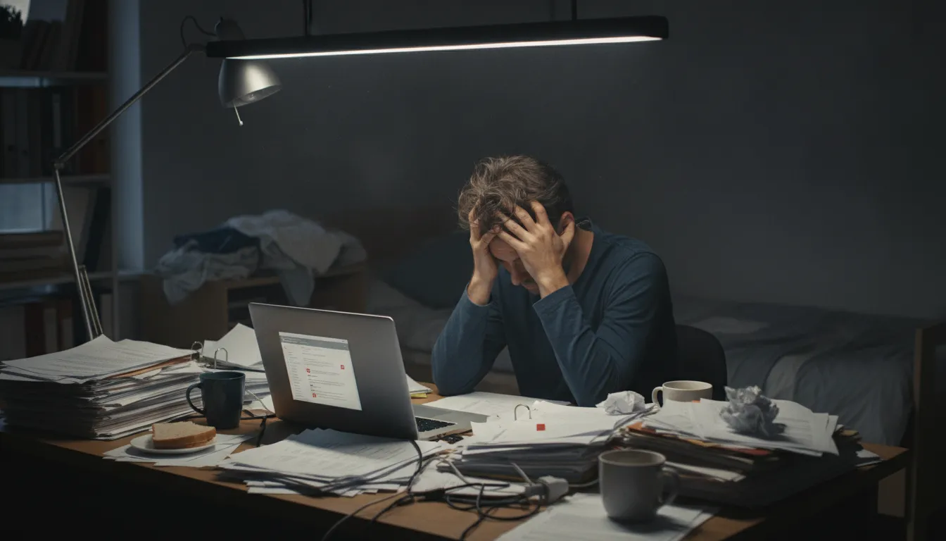 Pessoa sobrecarregada no trabalho, com a cabeça nas mãos, indicando estresse e fadiga mental, esgotamento.