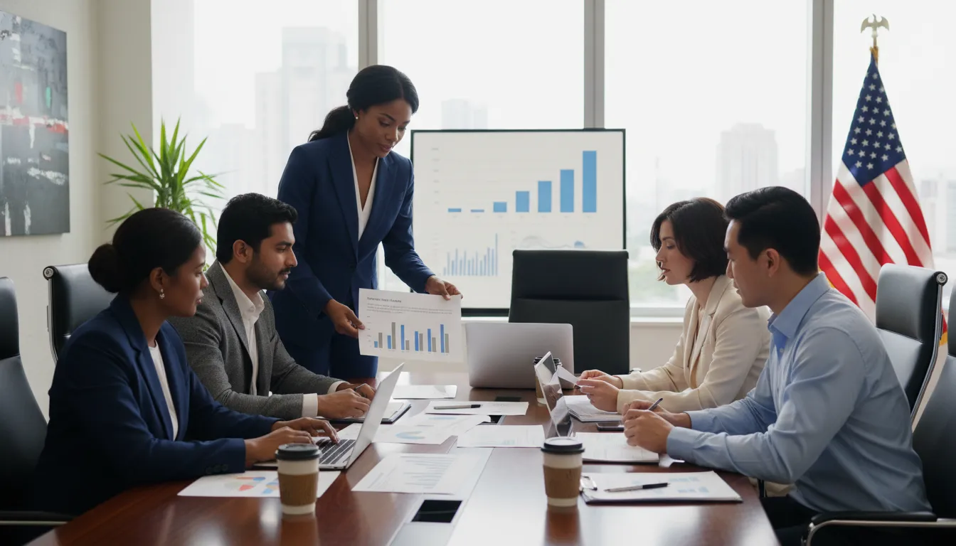 Empresários diversos analisam documentos e gráficos em um escritório elegante nos EUA