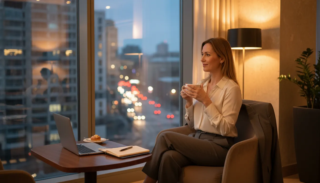 Viagem de negócios: mulher relaxa em hotel após reunião, aproveitando tempo e dinheiro sem perder foco.
