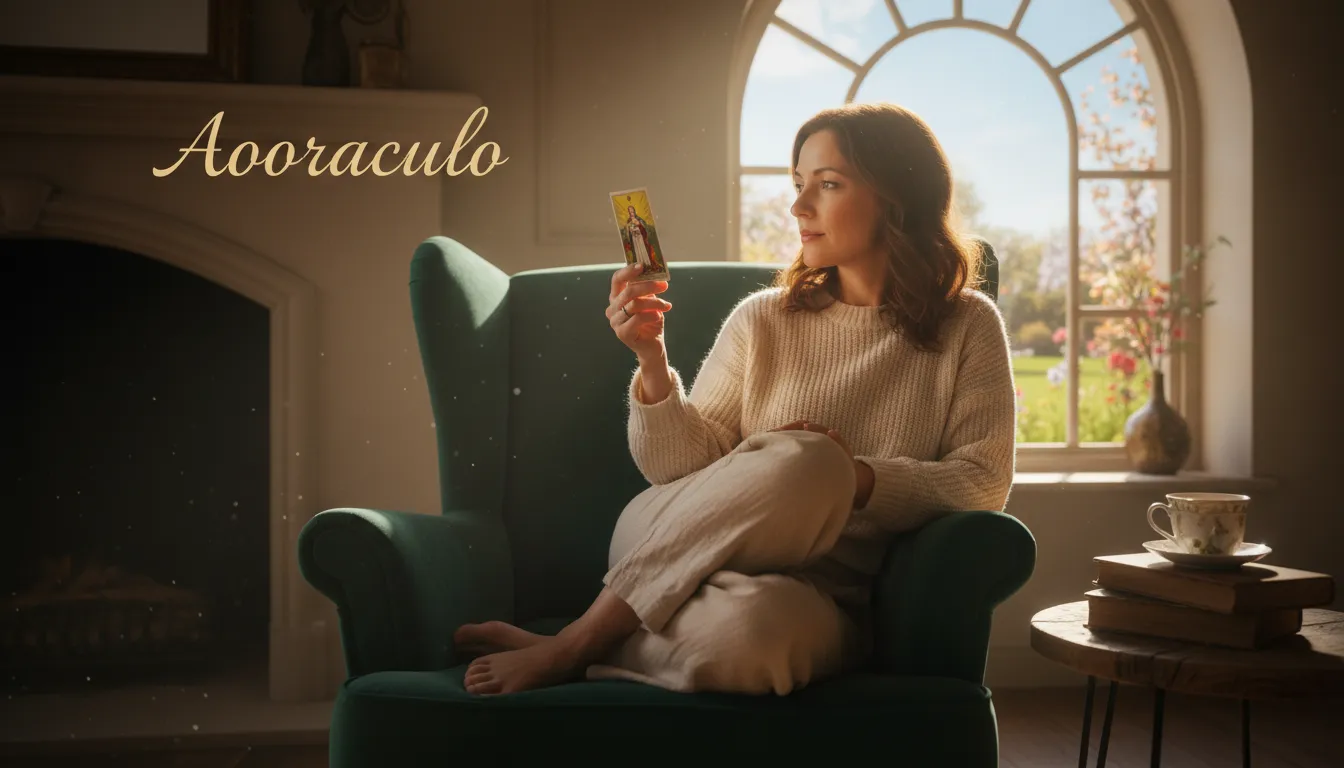 Mulher relaxada com carta de tarot, buscando insights e soluções. O tarot pode revolucionar vida pessoal, segundo o Aooraculo Blog.