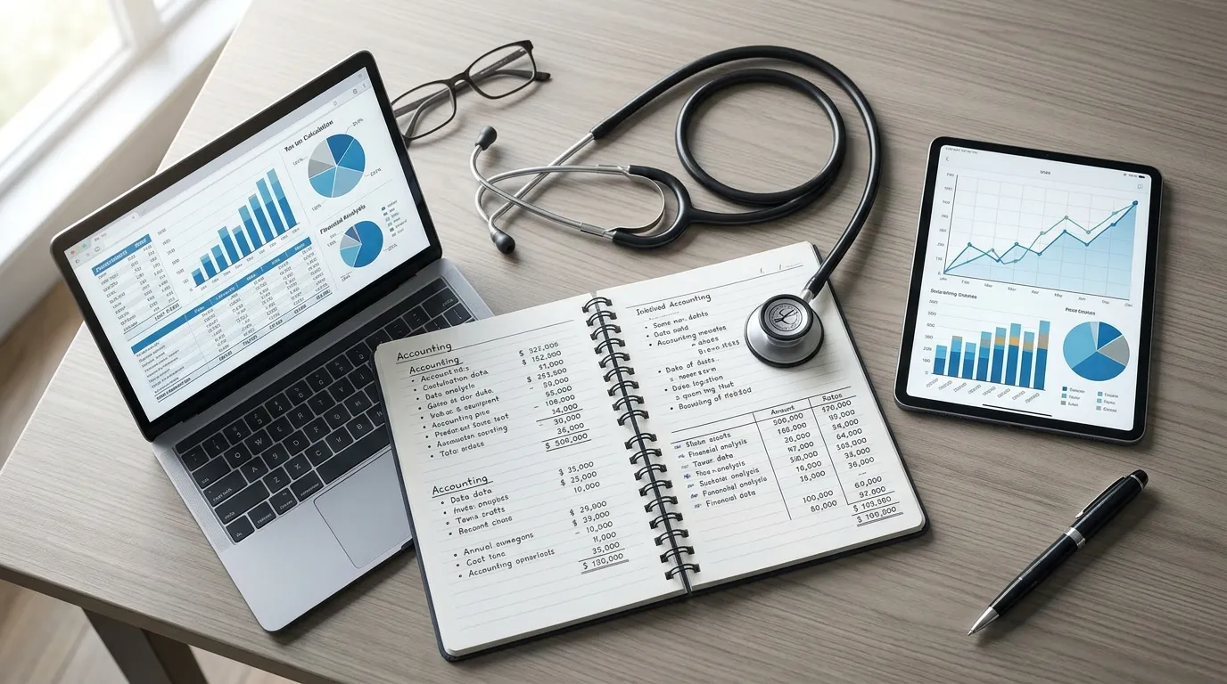 Mesa com estetoscópio e gráficos demonstrando gestão de contabilidade para médicos e clínicas.