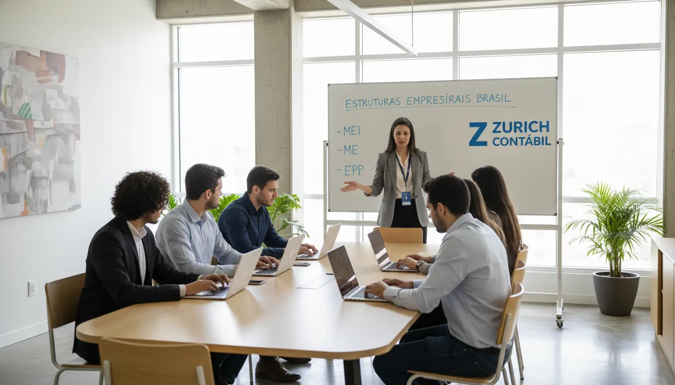 Em um escritório bem iluminado, empreendedores aprendem sobre os tipos de empresa no brasil com um consultor da Zurich Contábil.