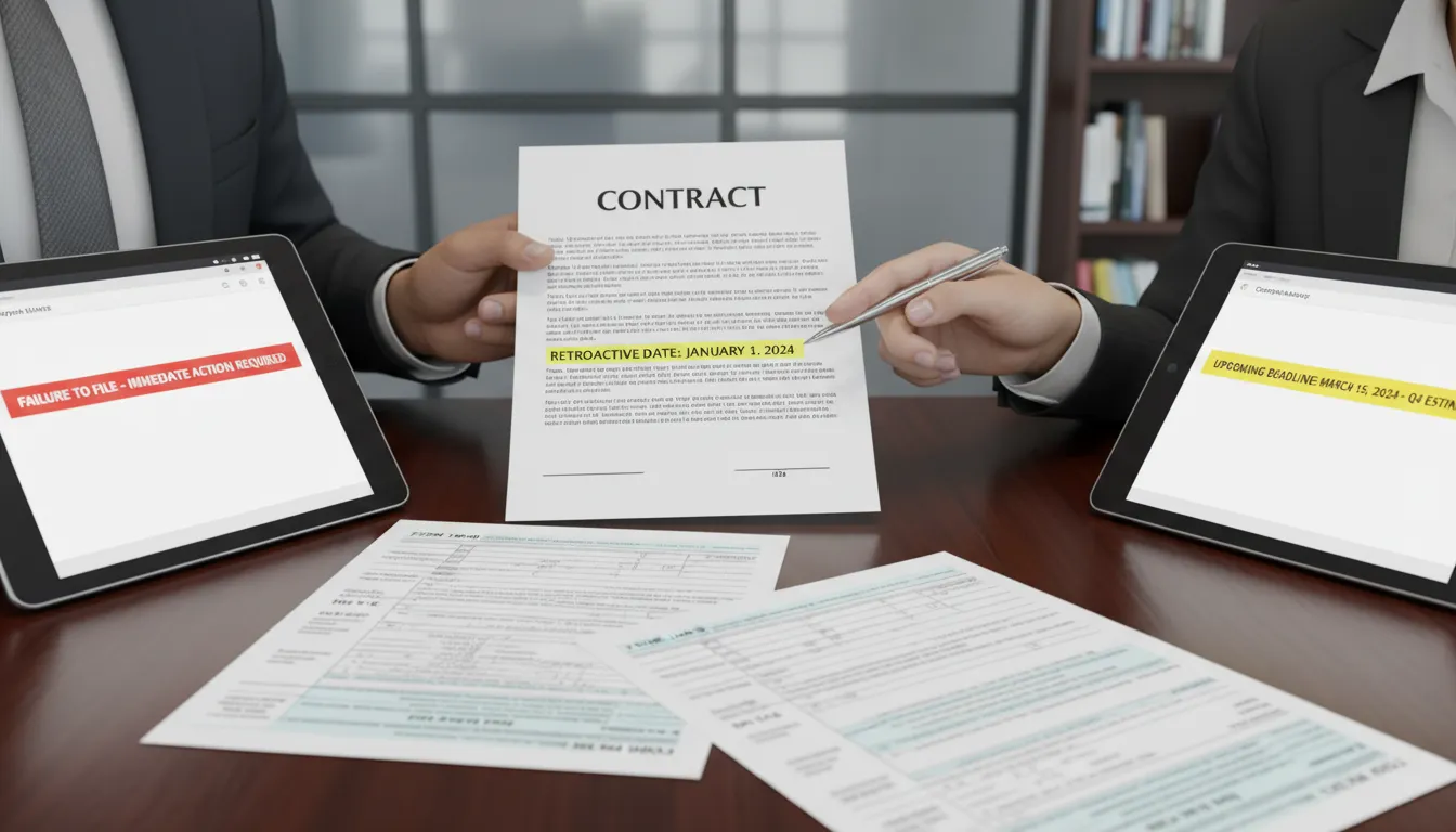 Assinatura de contrato com data retroativa, formulários fiscais e alertas de conformidade