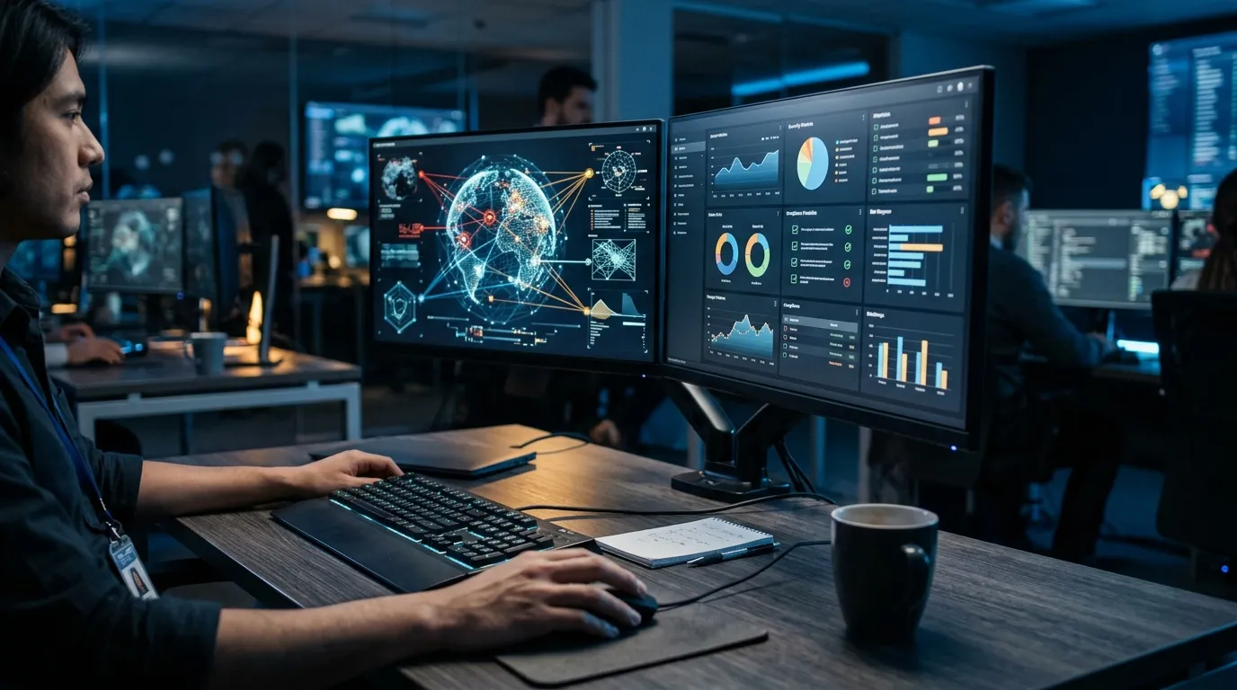 Monitoramento de segurança digital evidenciando o compliance confidence gap em ambiente corporativo.