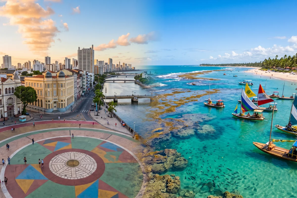 Imagem dividida: jangada em Porto de Galinhas e moqueca, representando o roteiro Recife e Porto de Galinhas e suas experiências variadas.