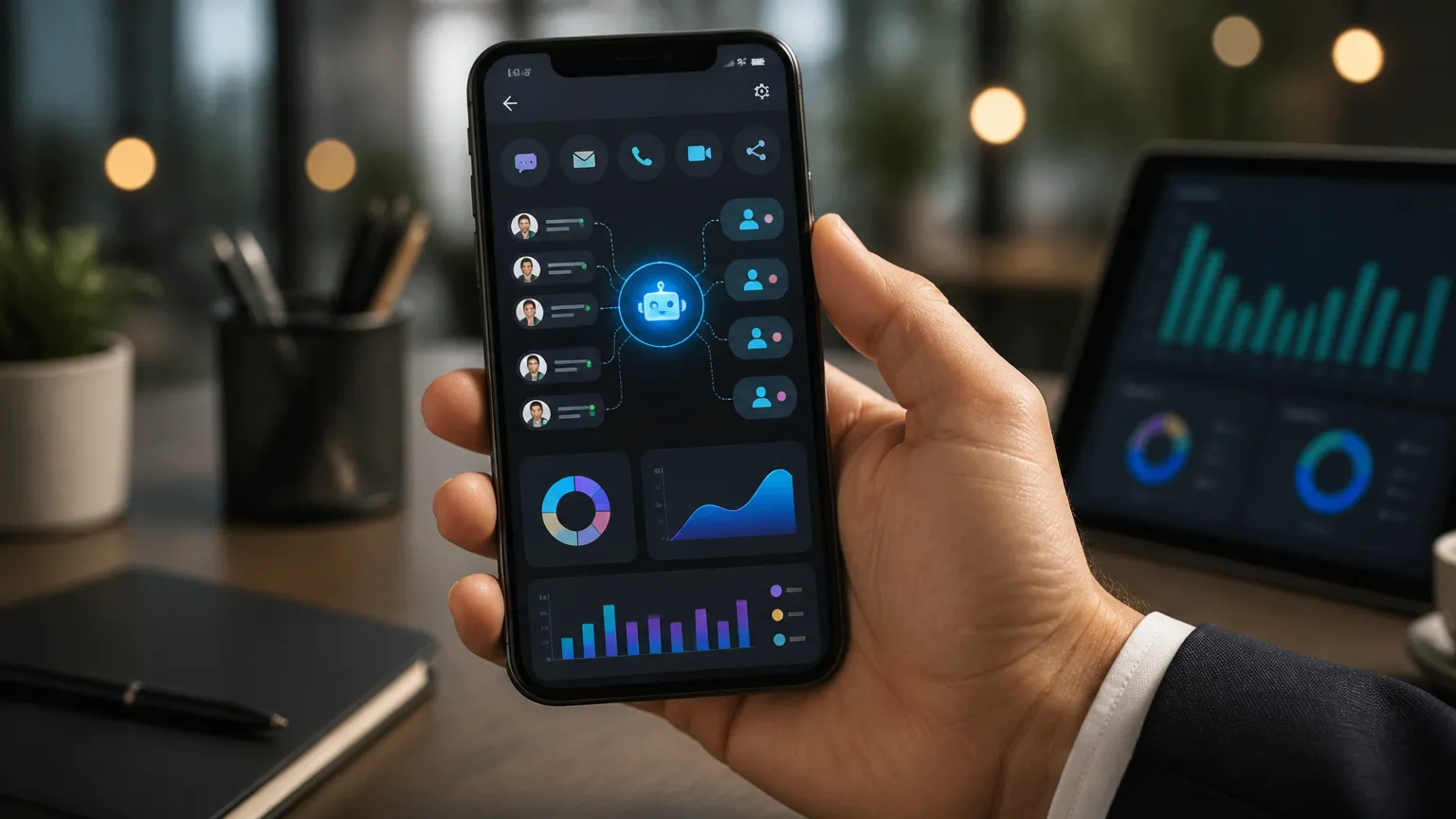 Painel digital de automação em smartphone gerenciando canais de atendimento e custos.