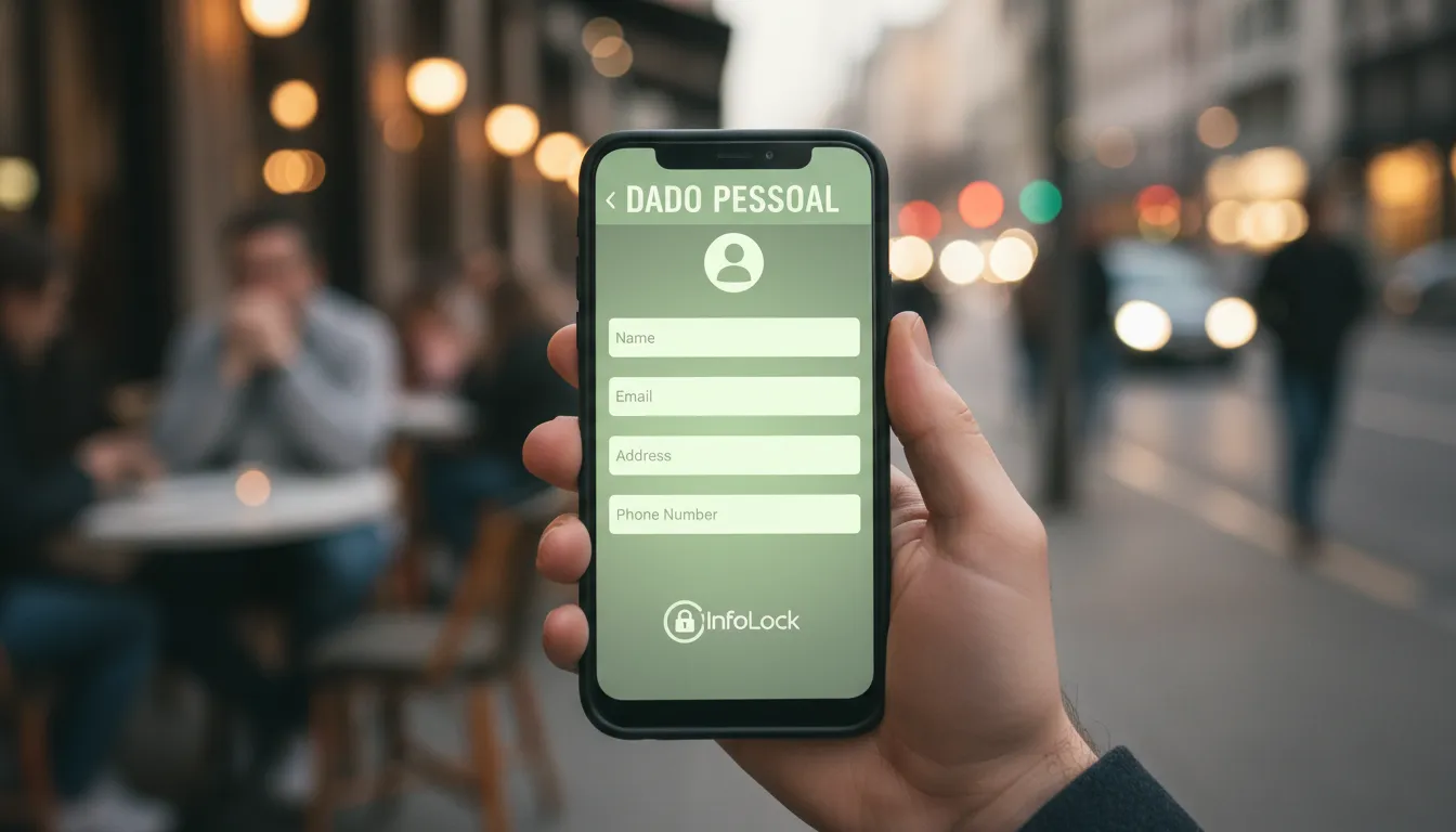 Mão segurando smartphone com tela de perfil, mostrando dados pessoais comuns. Representa a ubiquidade do dado pessoal não sensível.
