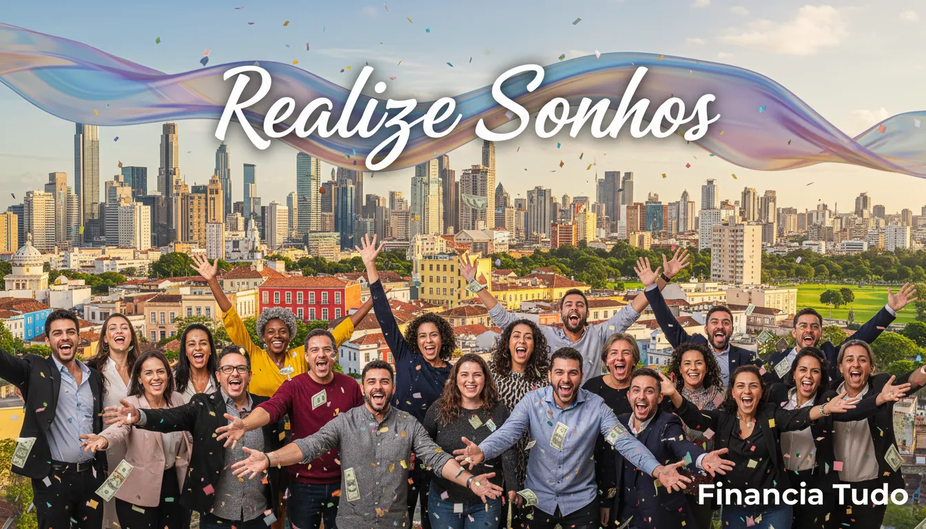 Pessoas comemorando a aprovação de um empréstimo pessoal online para realizar seus sonhos, com a Financia Tudo.