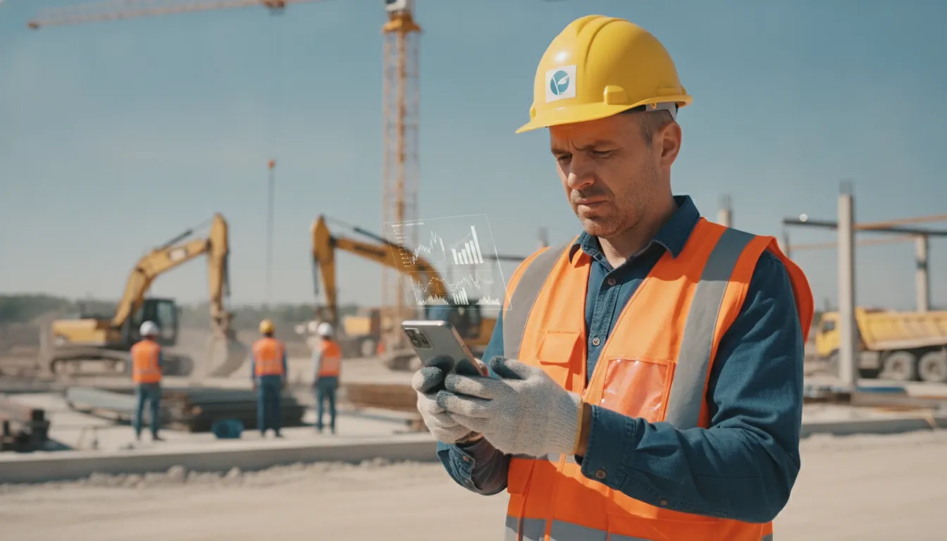Gerente de construção focado em smartphone no canteiro, acessando dados de bookkeeping para decisões rápidas.
