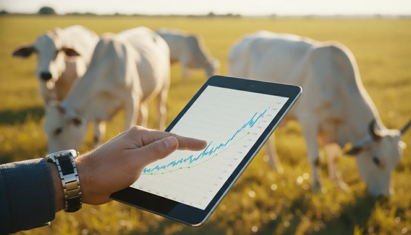Mão segurando tablet com gráfico financeiro em alta, gado desfocado, representando o preço de mercado.