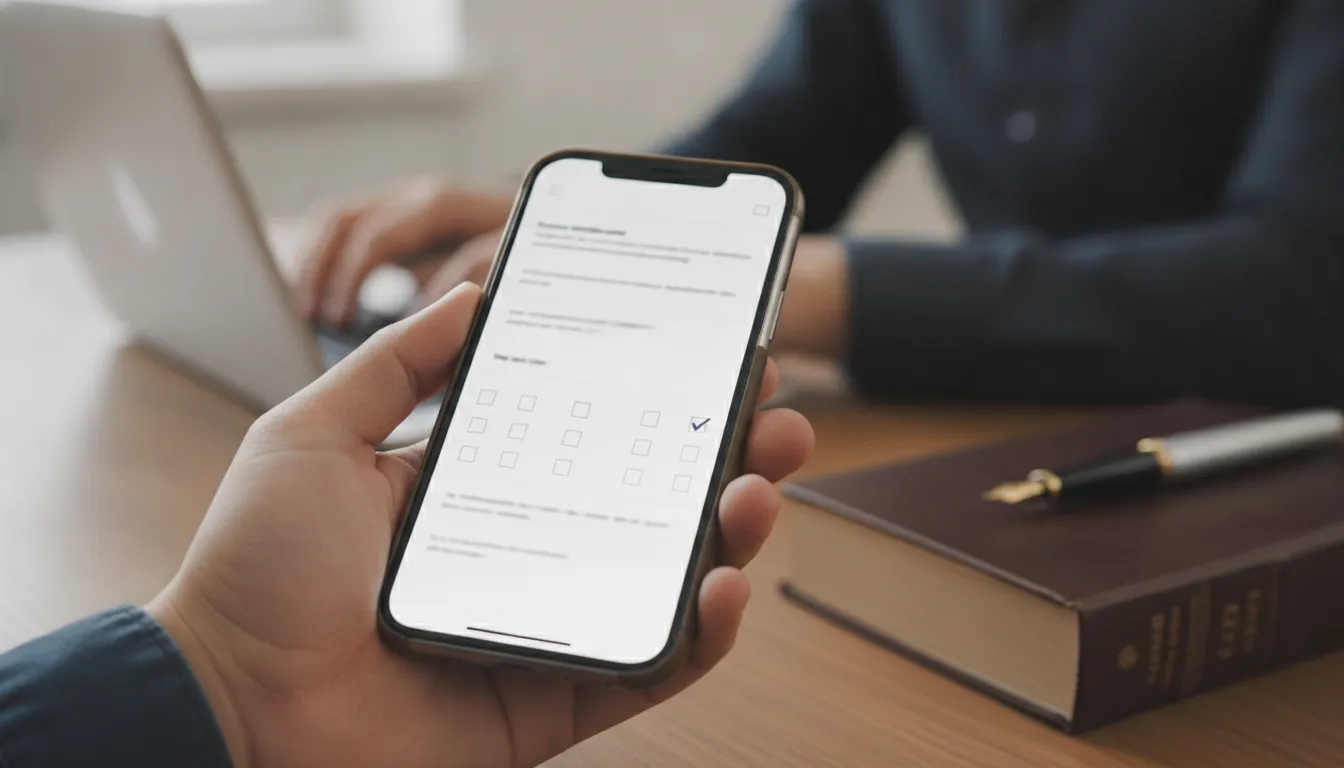Mão em smartphone, acessando informações sobre reconhecimento de vínculo empregatício e direitos online.