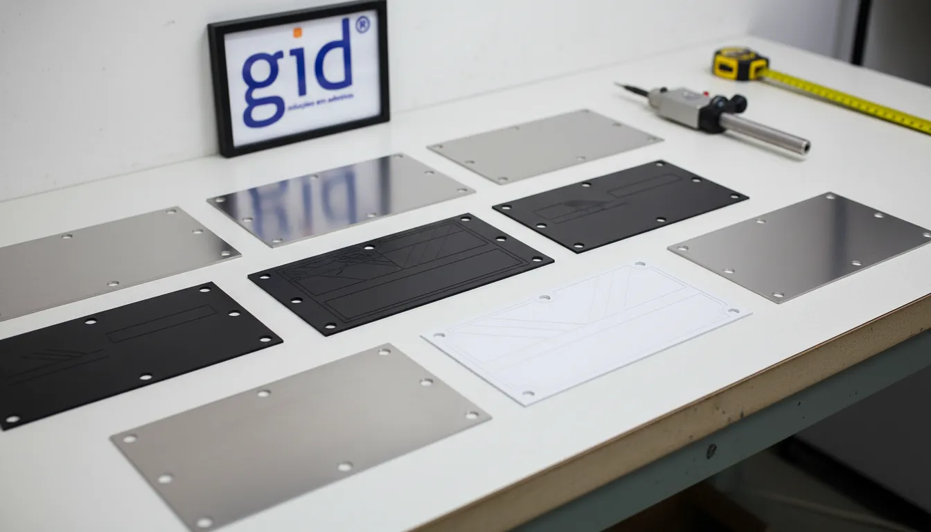 Variedade de plaquetas identificação máquina NR-12 em diferentes materiais: aço, alumínio e adesivo. Soluções GID customizadas.