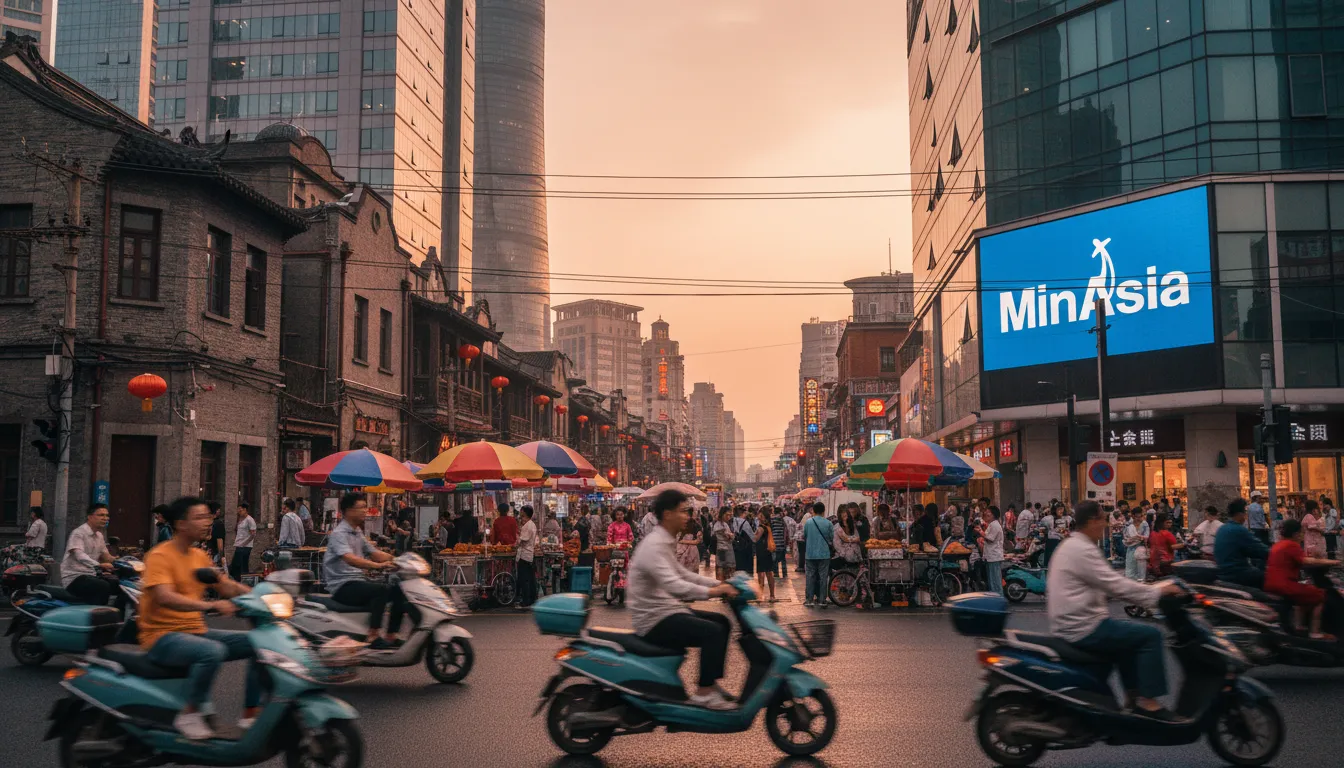 Rua movimentada em Xangai China, mostrando uma mistura de elementos modernos e tradicionais.