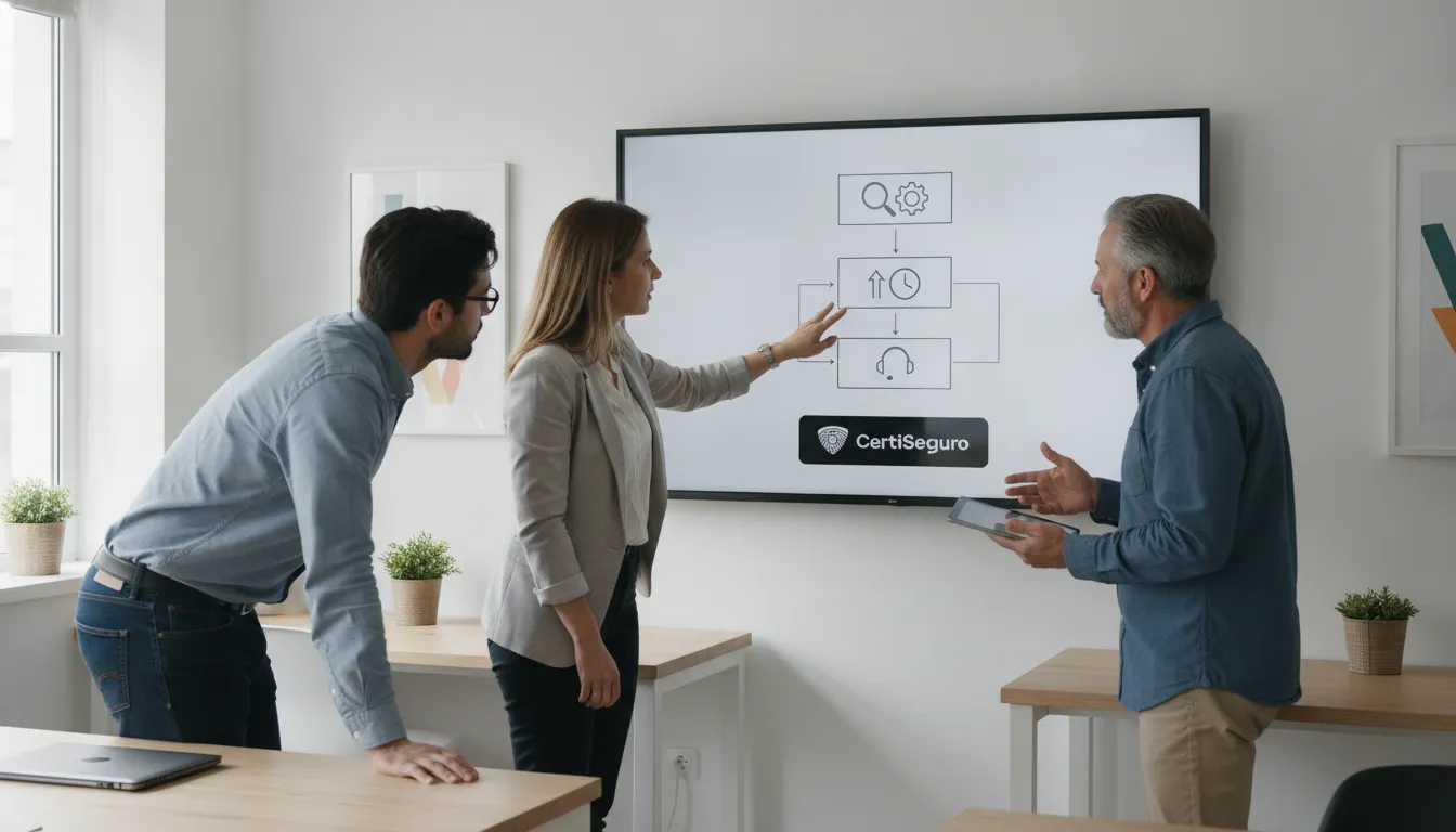 Equipe colaborando para resolver erro certificado digital, usando fluxo de trabalho eficiente.