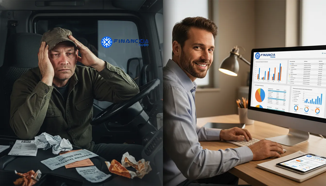 Contraste da situação: caminhoneiro antes afogado em dívidas e depois, planejando alívio da dívida caminhoneiro.