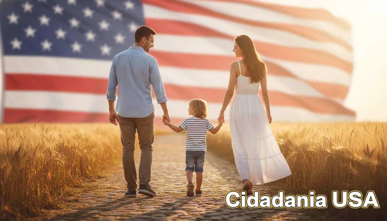 Família caminhando em direção a um futuro promissor nos EUA. Imagem representa o sonho da cidadania americana através de investimento.