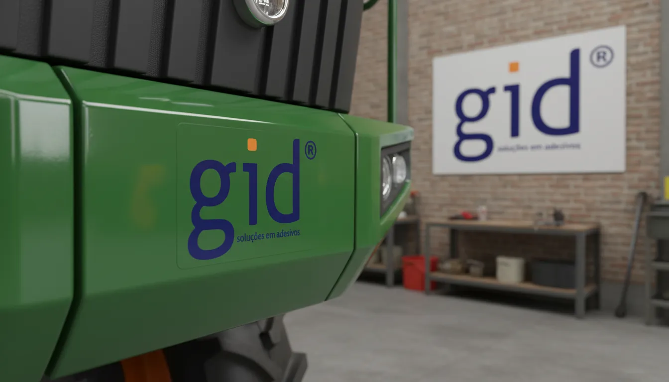 Adesivos personalizados GID para máquinas agrícolas, destacando soluções sob medida e aplicação precisa no equipamento.