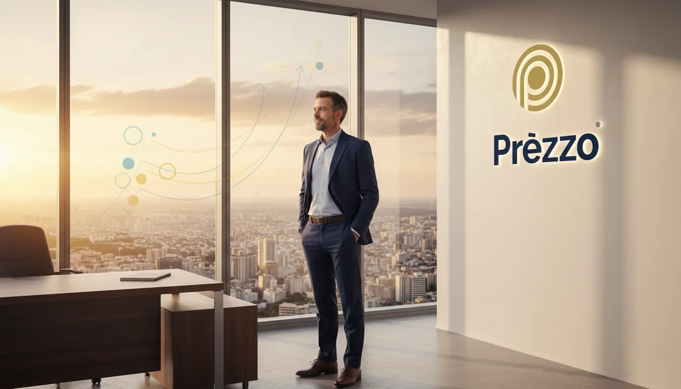 Empreendedor confiante futuro sucesso escolha MEI ME LTDA, com prosperidade financeira após decisão estratégica.