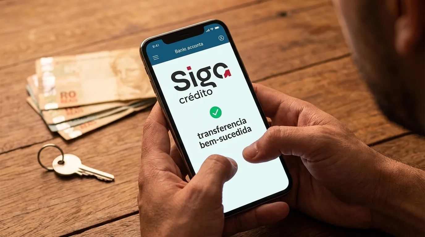 Celular mostrando saldo da antecipação fgts saque-aniversário sobre mesa de madeira.