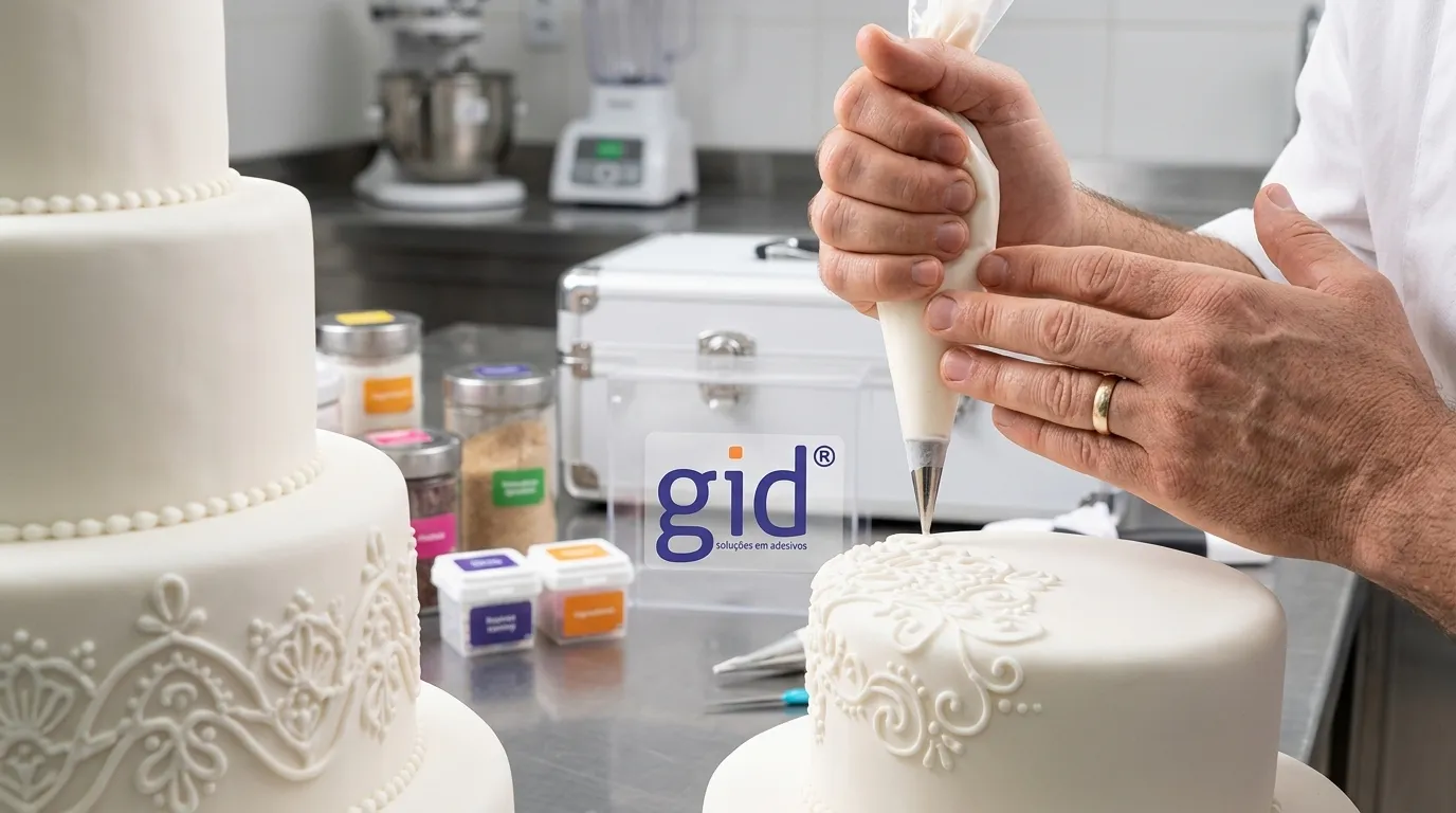 Dia panificador setor celebra inovação. Mãos de padeiro decoram bolo gourmet com precisão e arte.