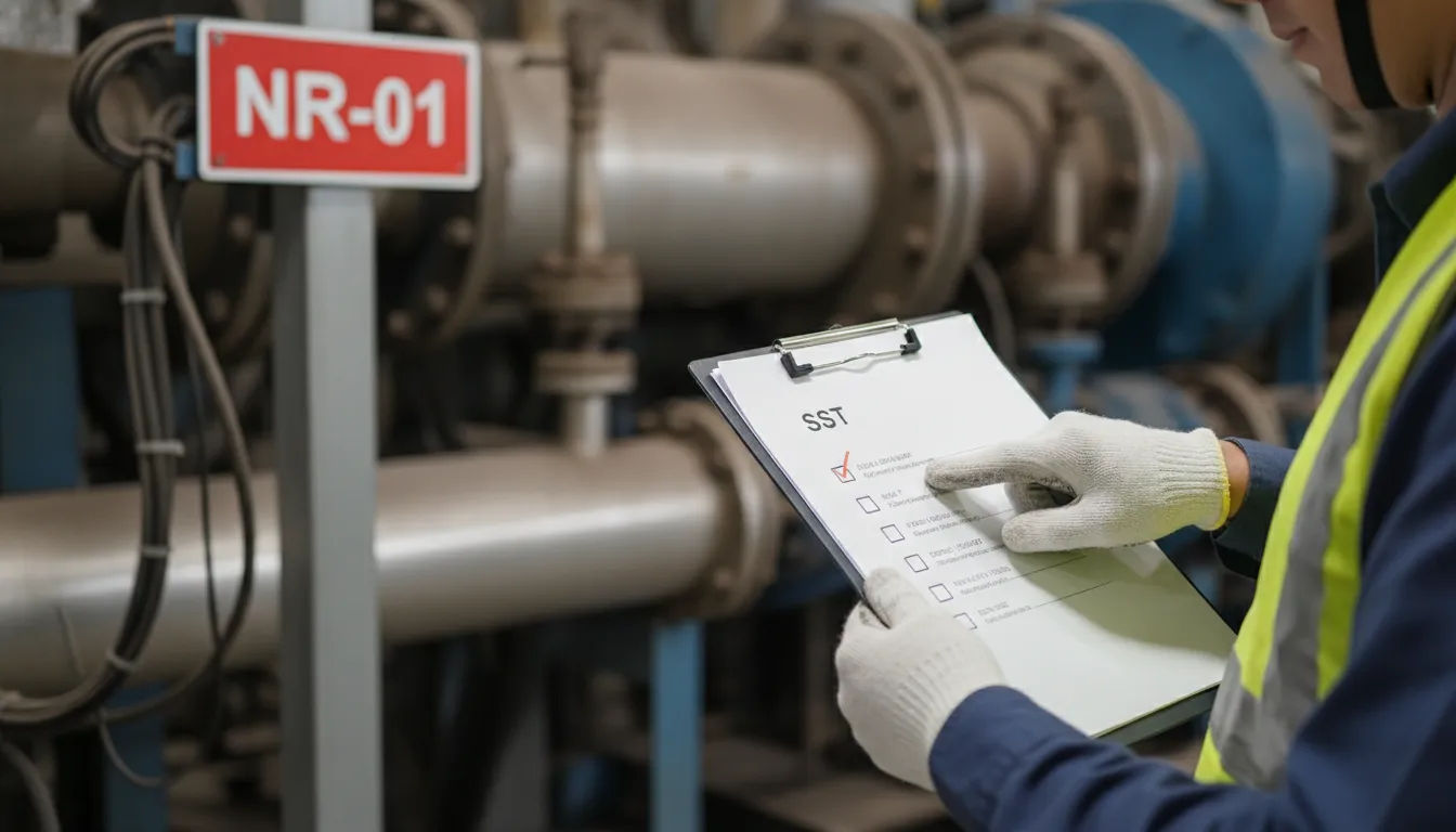 Técnico de segurança realizando avaliação de riscos em ambiente industrial, em conformidade com a ATUALIZAÇÃO NR-01.