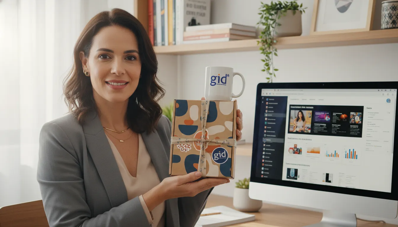Mulher empreendedora exibe seu produto personalizado, resultado do sucesso e da autonomia do empreendedorismo no mercado digital.