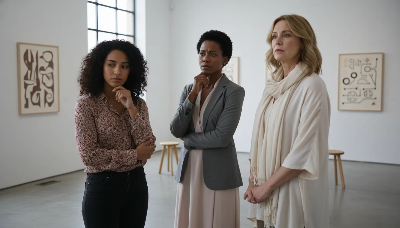 Grupo diverso de mulheres em contemplação, refletindo sobre a autoestima feminina e desafios compartilhados. Realismo.