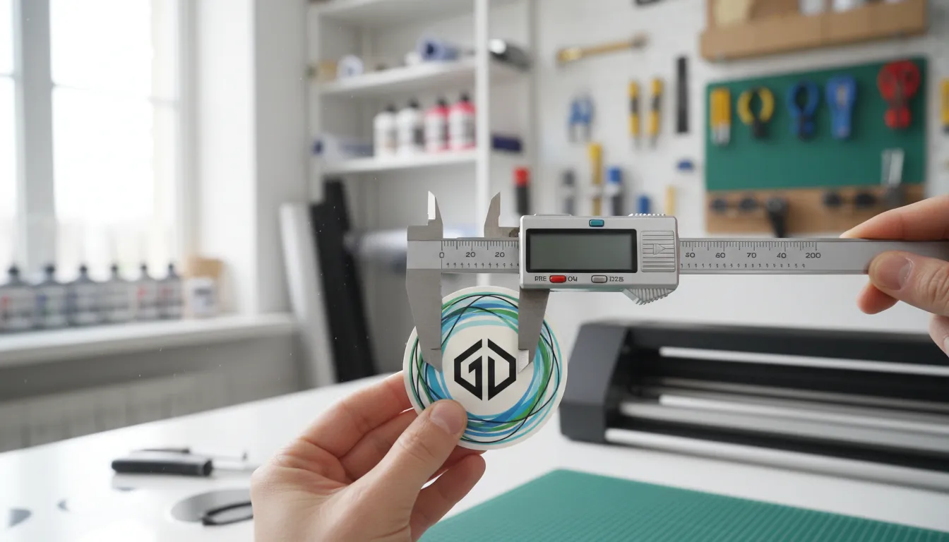 Primer plano de manos midiendo un adhesivo personalizado de GID, ilustrando la precisión en mensurar resultados marketing digital de soluciones personalizadas.