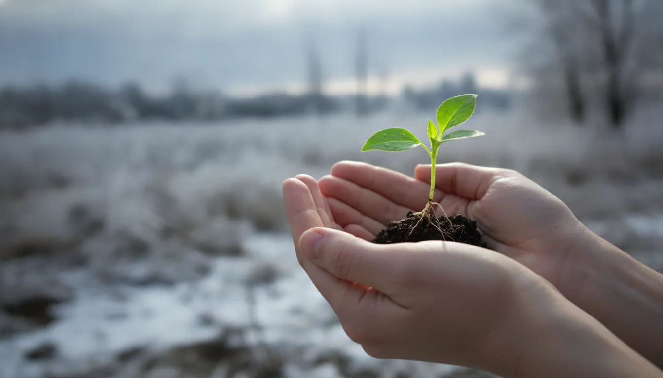 Mãos segurando planta verde vibrante contra fundo de inverno, simbolizando esperança e cuidado com a saúde mental.