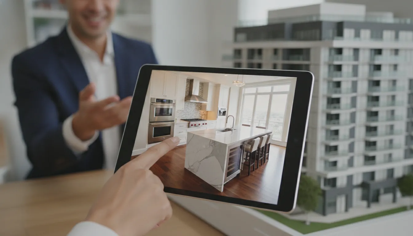Marketing imobiliário: tablet exibe vídeo cozinha luxuosa, destacando o poder da visualização.