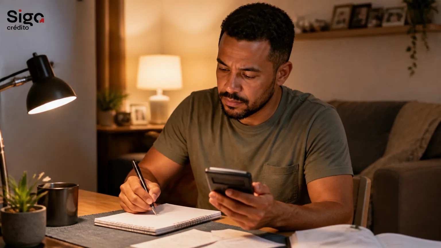 Homem calculando impacto dos juros rotativos no orçamento familiar mensal.