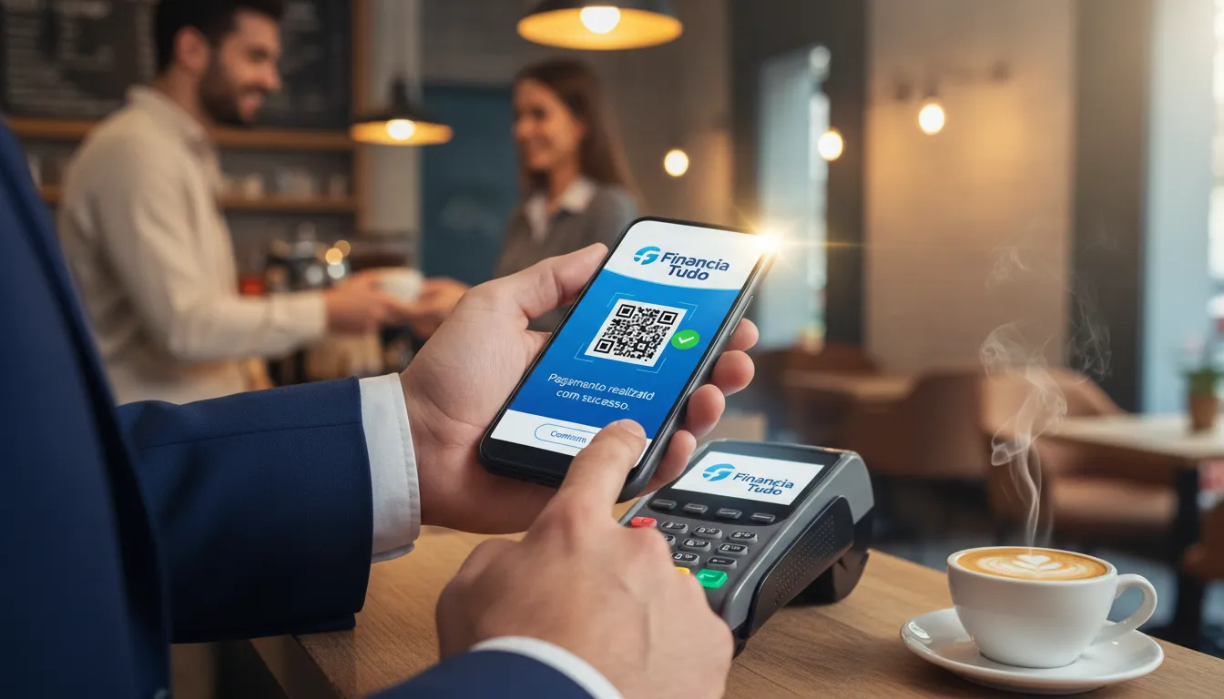 Empresário utilizando o Pix para realizar um pagamento em uma cafeteria, destacando a rapidez e praticidade do sistema pix para empresas.