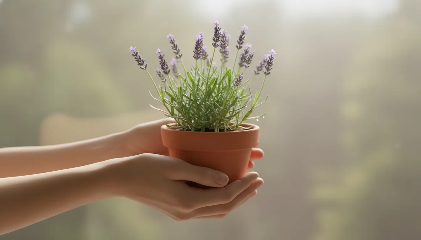 Mãos segurando suavemente lavanda em vaso, transmitindo calma e bem-estar para regular as emoções.