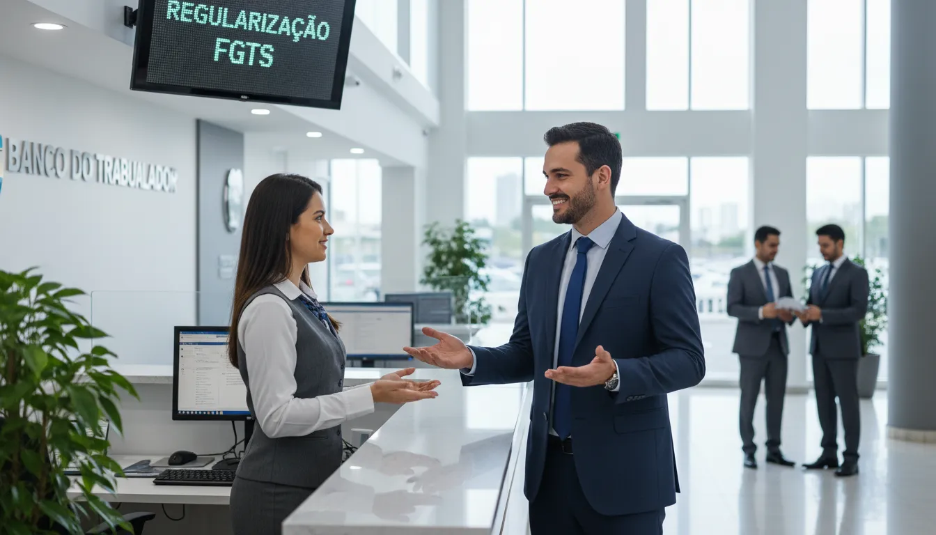 Trabalhador em agência bancária buscando informações sobre desbloqueio do FGTS