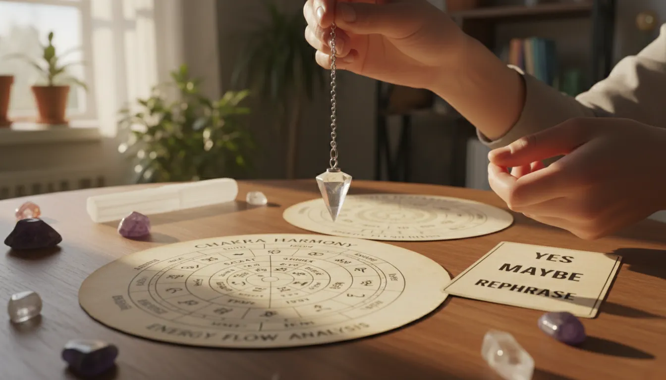 Mãos utilizando pêndulo e gráficos radiestésicos para análise energética