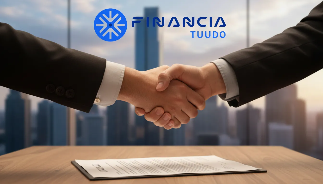 Aperto de mãos selando uma parceria para indicação de financiamento bem-sucedida com a Financia Tudo, com fundo urbano.