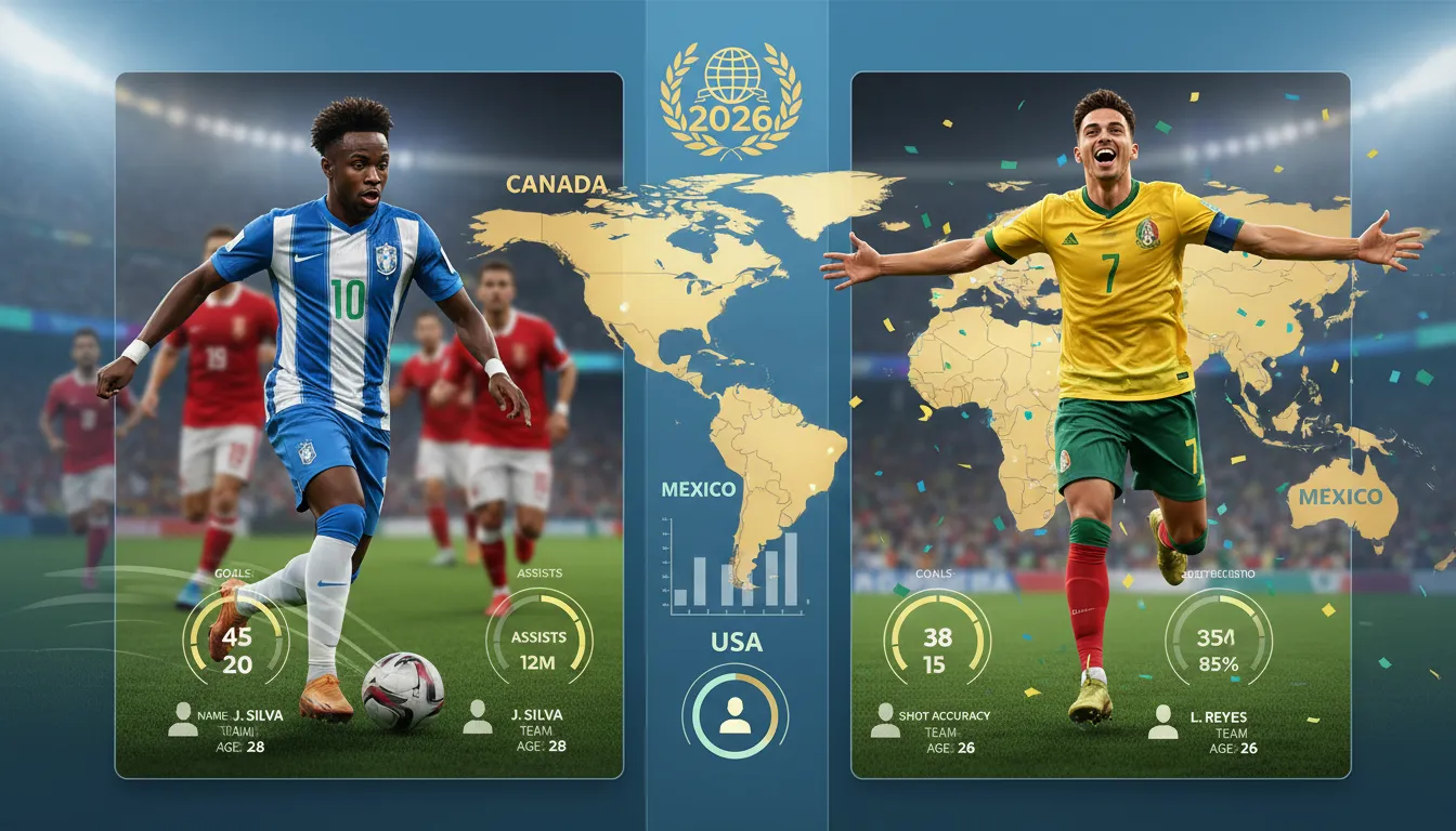 Ilustração realista em tela dividida mostrando dois dos melhores jogadores copa 2026 em ação, com estatísticas e mapa da copa ao fundo.