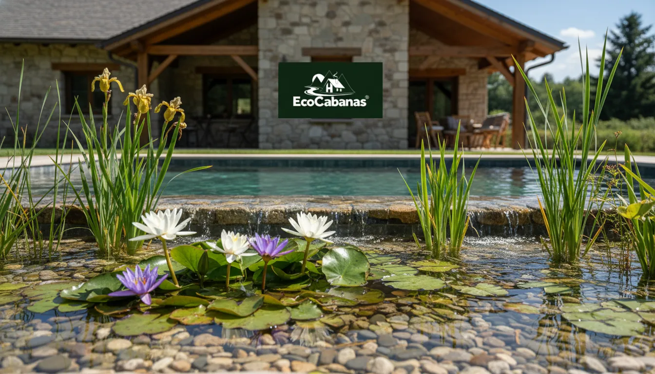 Detalhe do sistema de filtração de uma piscina natural com plantas aquáticas e pedras.