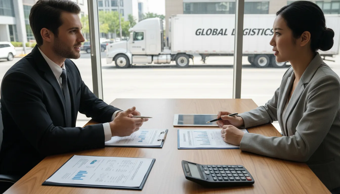 Pessoa discutindo financiamento com consultor, papéis e calculadora à mesa, caminhão do lado de fora simbolizando negociação de taxas.