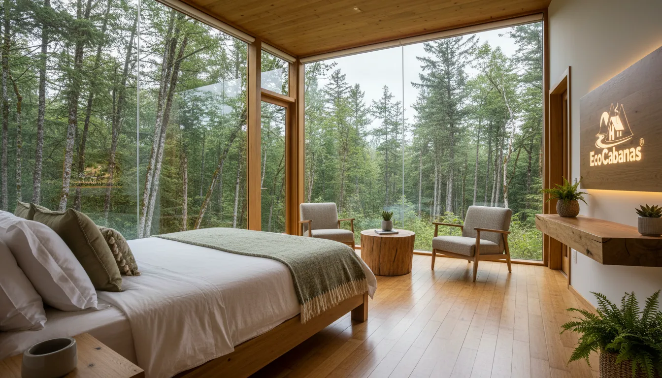 Interior aconchegante de uma cabana ecológica, com design sustentável e vista panorâmica da natureza.