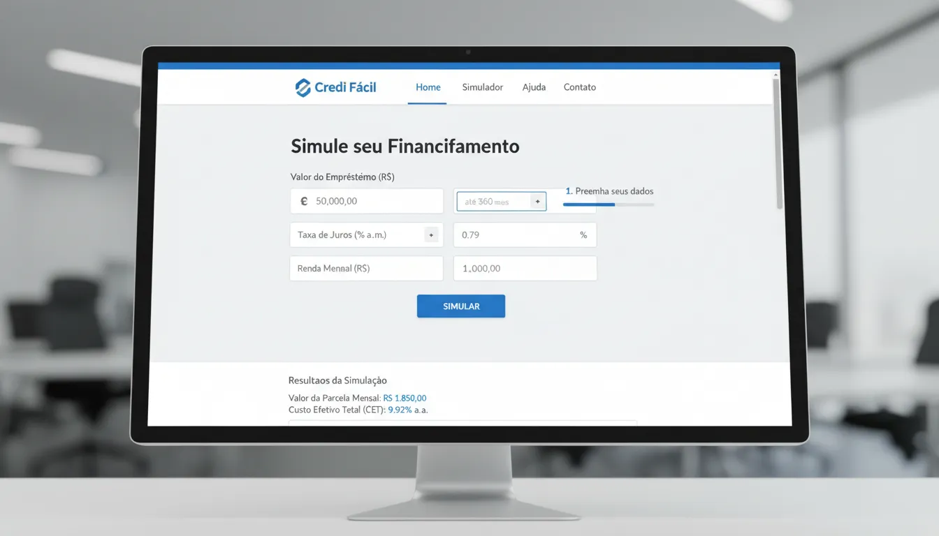 Interface de simulador online mostrando campos para inserir dados de financiamento de forma clara.