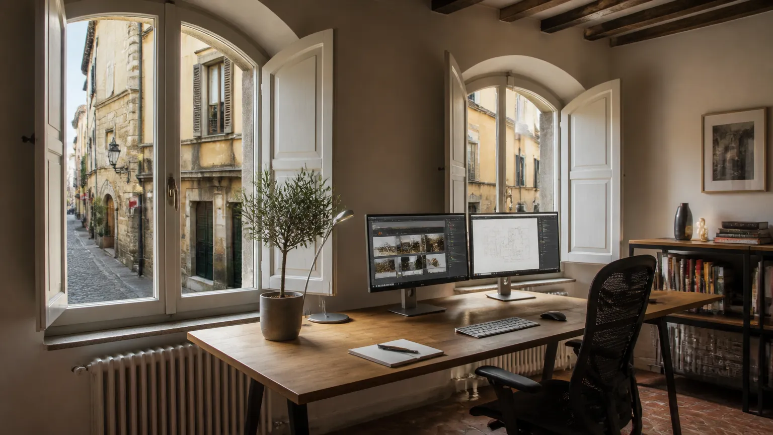 Espaço de home office moderno em apartamento rústico para trabalhar remotamente italia com tranquilidade.