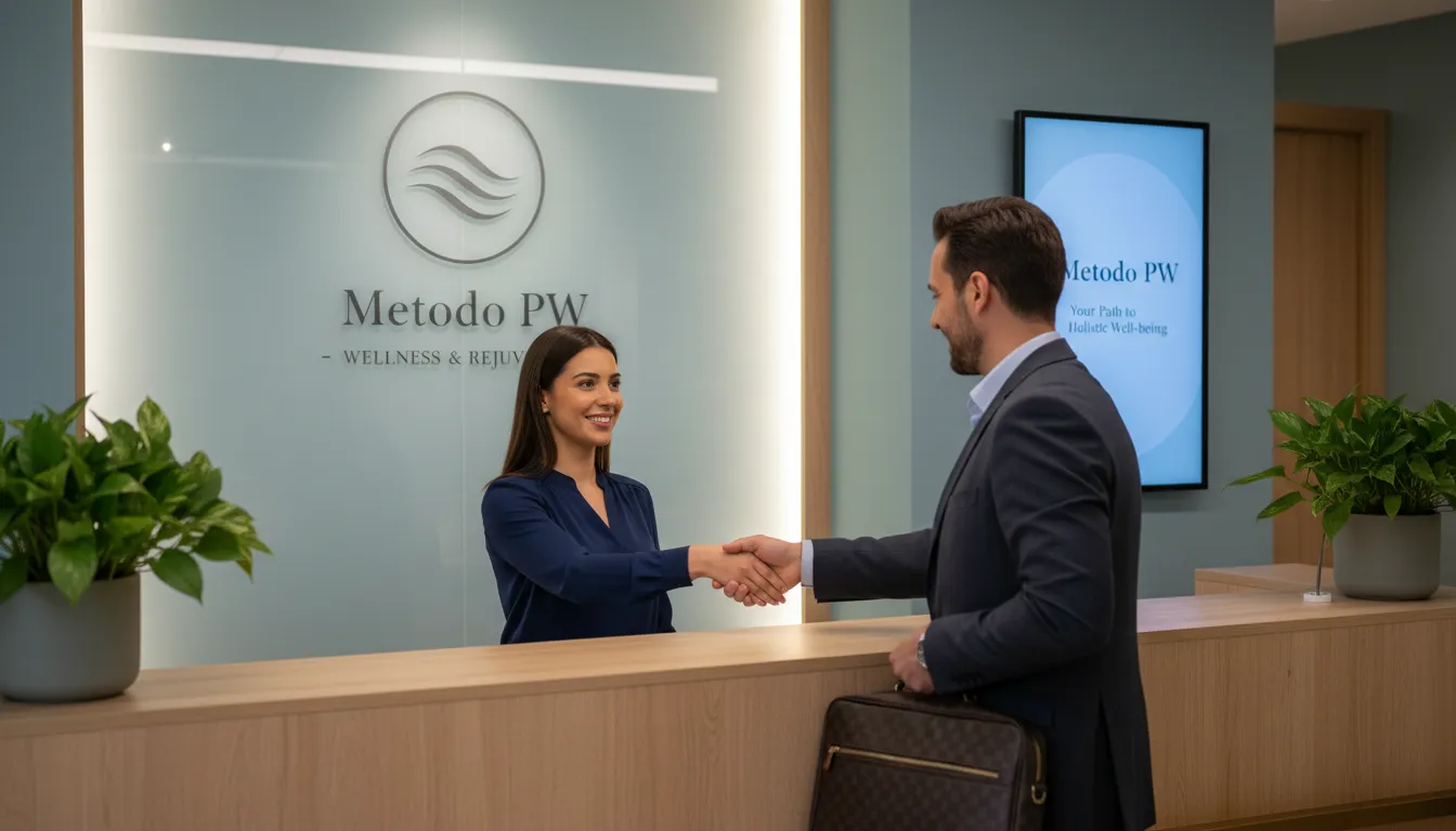 Recepção de clínica wellness com design premium, cliente sendo recebido, demonstrando um ambiente de alta qualidade para a mensagem apresentação clientes whatsapp.