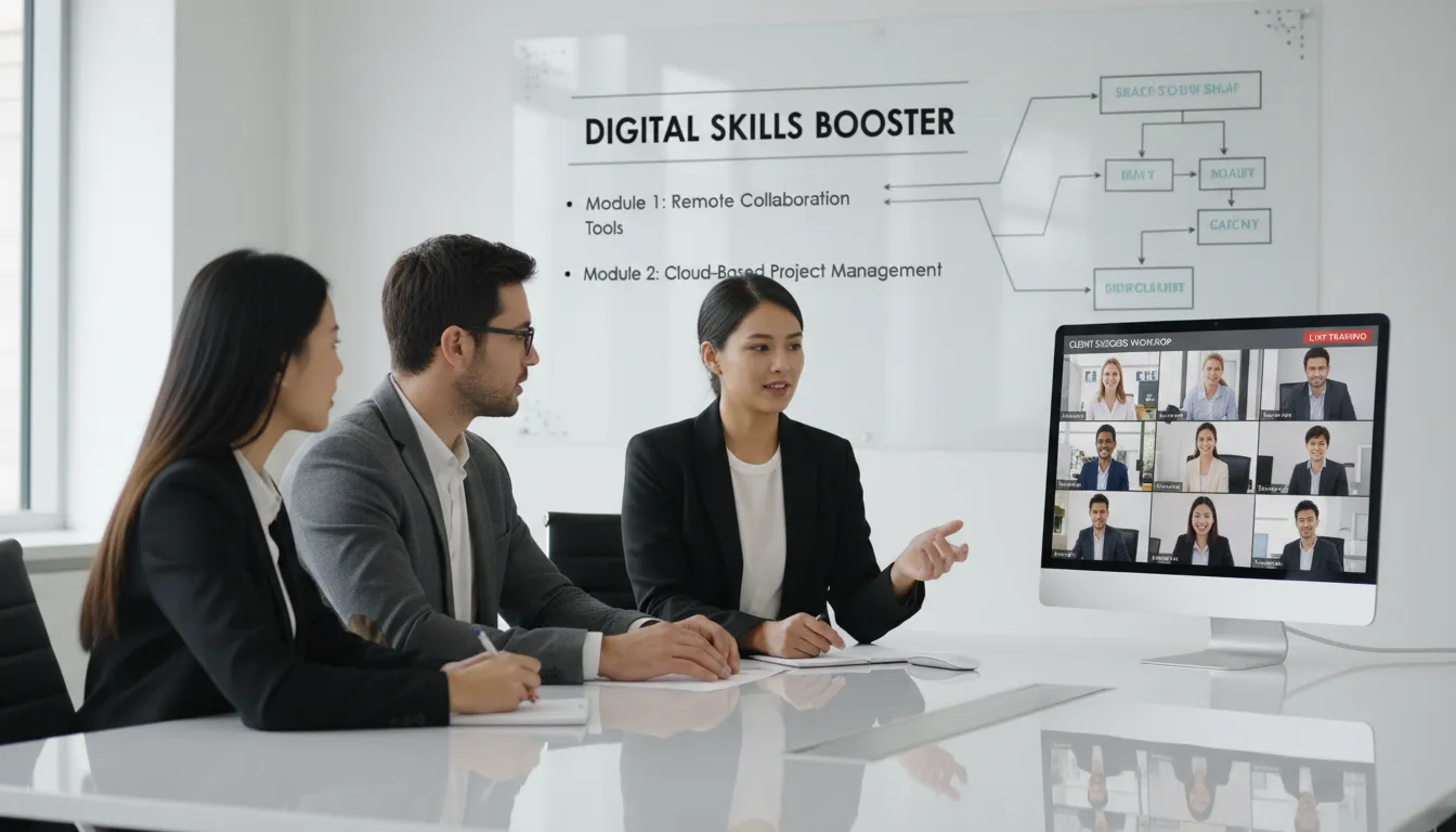 Pós-Venda de Site: O Que Oferecer Depois de Entregar 2 Equipe digital treinando clientes por videoconferência, mostrando apoio e capacitação pós-entrega de sites