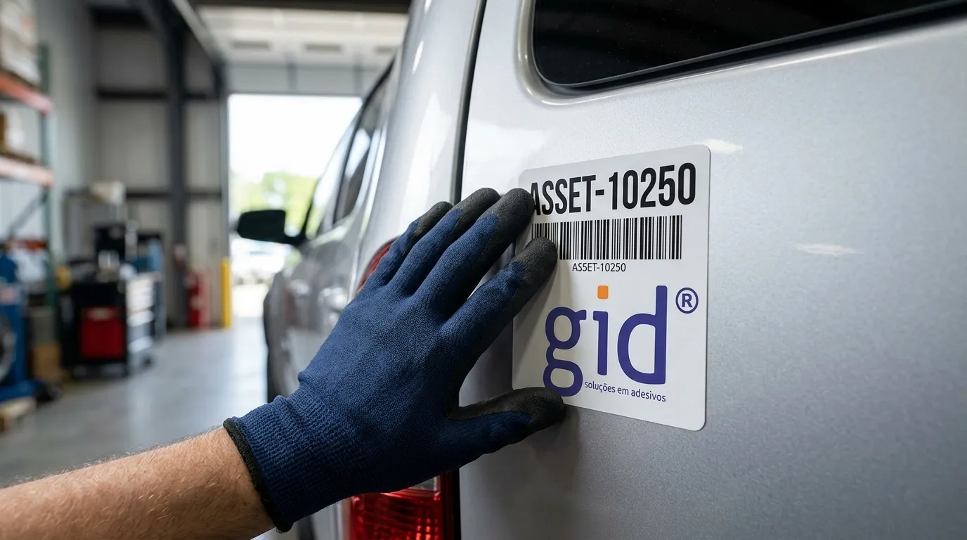 Aplicação de placa de identificação de veículos autocolante em porta de caminhonete de empresa.