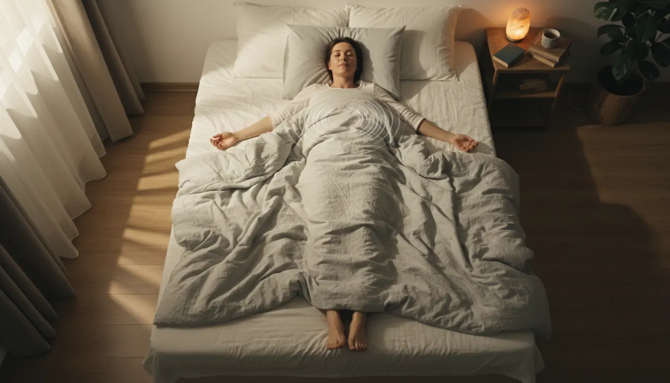 Pessoa praticando body scan meditação deitada na cama, exercitando o mindfulness e a autoconsciência.